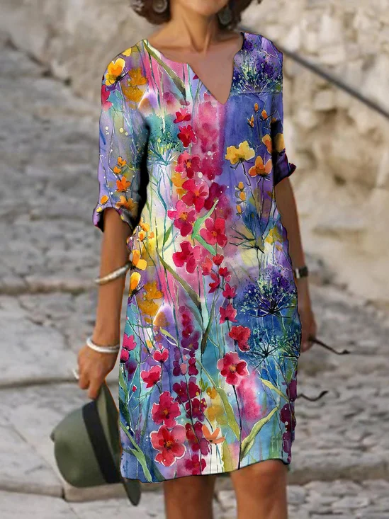 Half Sleeve Floral-Print Weaving Dress