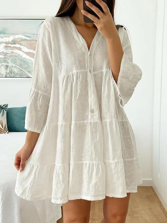 V-Neck 3/4 Sleeve with Bell Cuffs Holiday Tiered Mini Weaving Dress