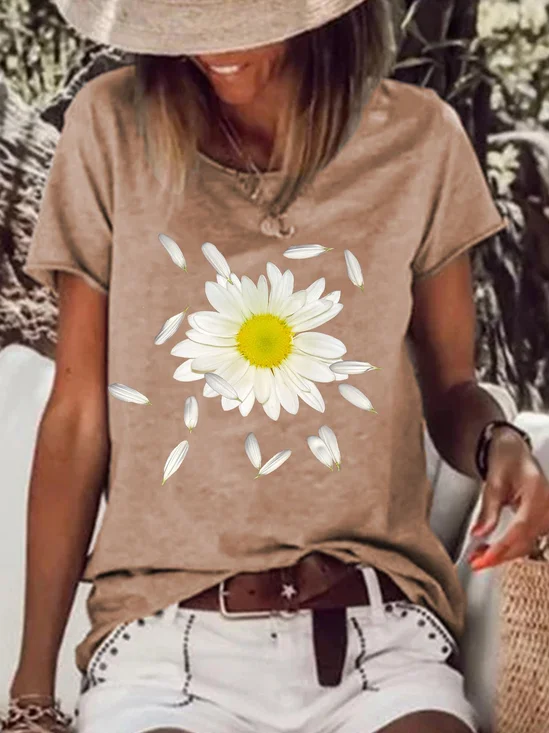 Round neck short-sleeved daisy print top