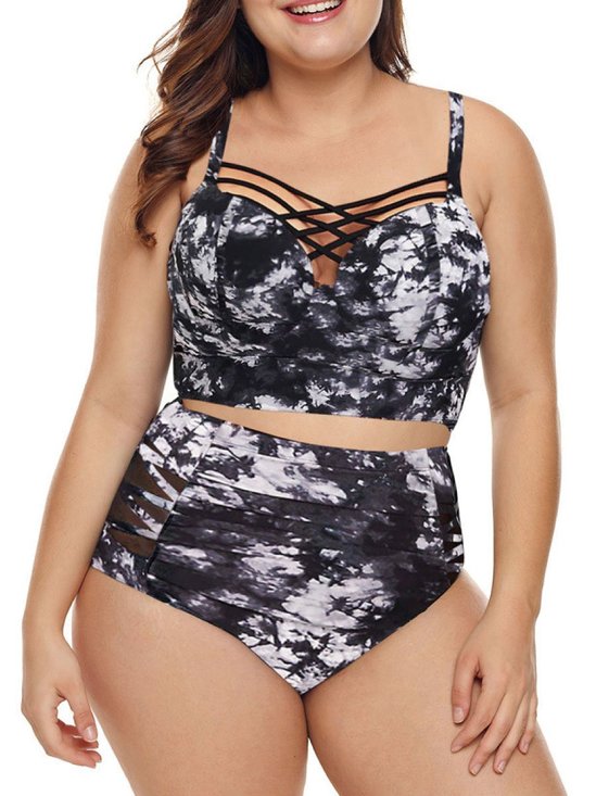 Swimsuit Top New print suspender with chest cross belt and high waist mesh splicing split Swimsuit Top