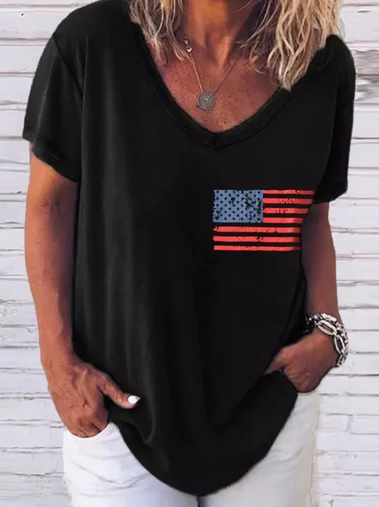American Flag Star Striped V-Neck T-Shirt Tee