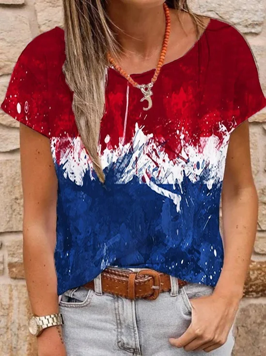 Flag Short Sleeve Shift Crew Neck Casual Top