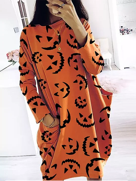 Halloween Pumpkin Face Round Neck Pocket Mini Knitting Dress