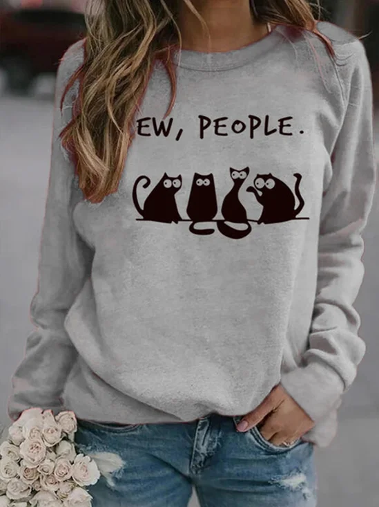 Cute Cat Pattern Loosen Sporty Crew Neck Sweatshirt