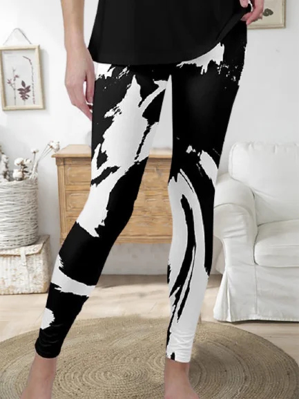 Skinny Casual Abstract Printed Elastic Waist Long Leggings