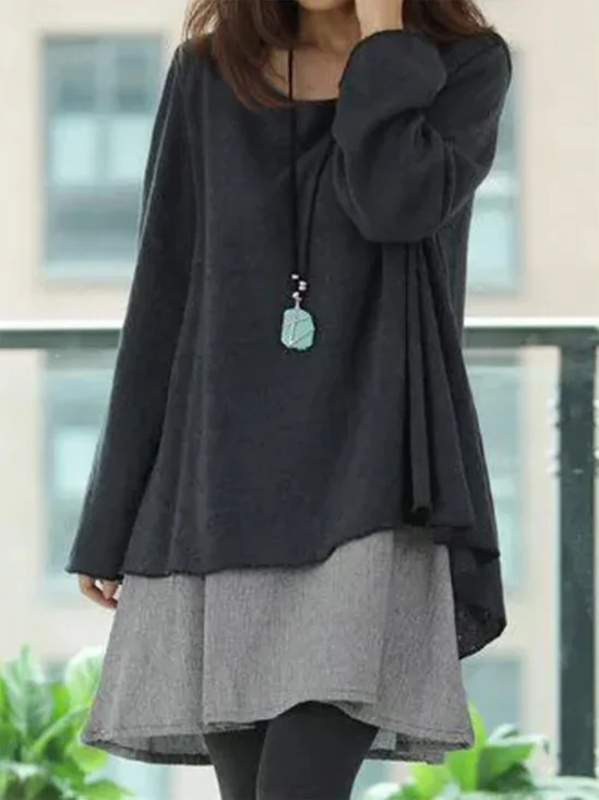 Casual Solid Color Crew Neck Long Sleeves A-line Dress