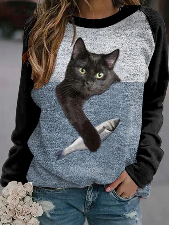 Cat Crew Neck Raglan Sleeve Casual Sweatshirts