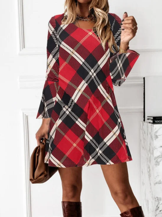 Striped/Plaid Long Sleeves Flare Sleeve Shift Above Knee Casual Tunic Knitting Dress