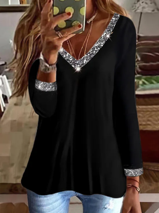 Sequins Casual V Neck Regular Fit Tops