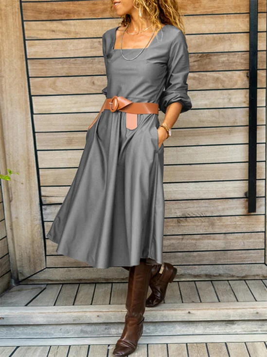 Simple Plain Bishop Sleeve Regular Fit Weaving Dress