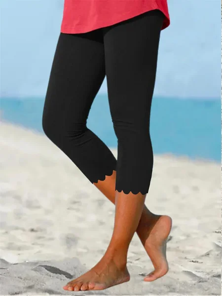 Beach daily basic plain color patterned elastic waist high elastic burnt flower pants Plus Size