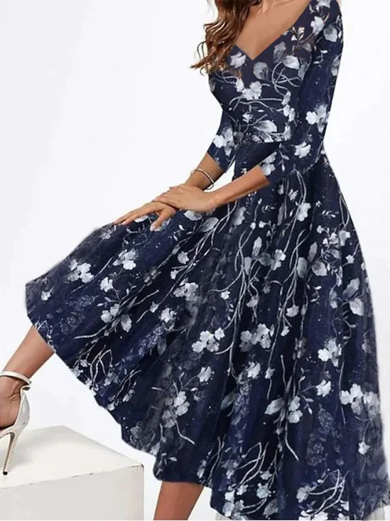Elegant V Neck Floral Swing Dresses