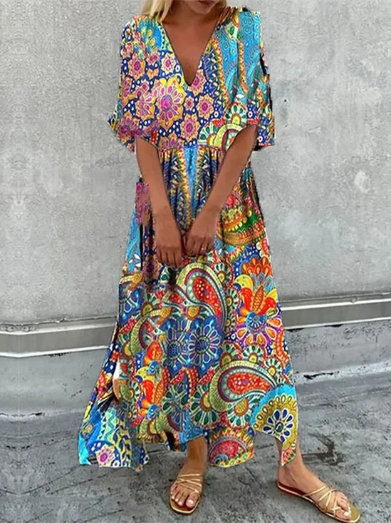 Vacation Casual Tribal Printed V-neck Regular Fit Maxi Dresses