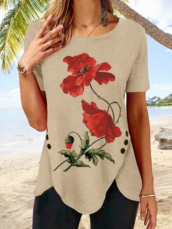 Corn Poppy Crew Neck Casual Buttoned T-Shirt