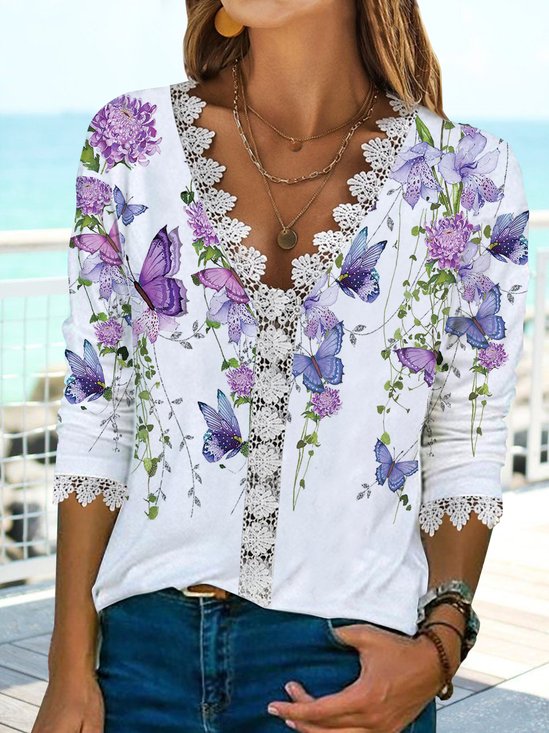 Butterfly flower lace top T-shirt plus size