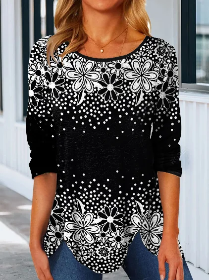 Casual Floral Design Crew Neck Knitted Pullover Top