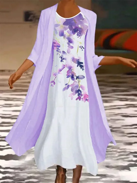 Vacation Casual Floral Printed 3/4 Sleeve Round Neck Maxi Dress Two-piece set