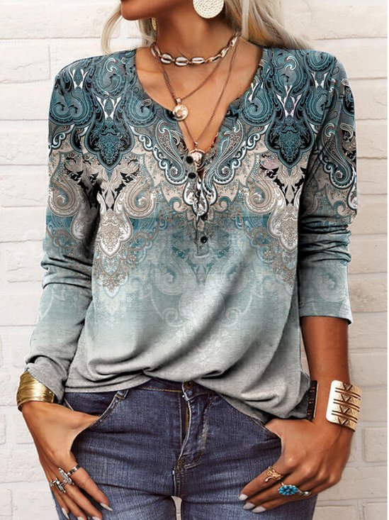 Regular Fit Half Open Collar Ethnic Boho Tops