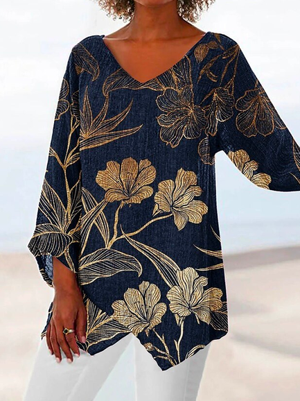 Loose V Neck Casual Floral Tops