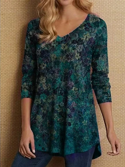 Loose V Neck Casual Floral Top