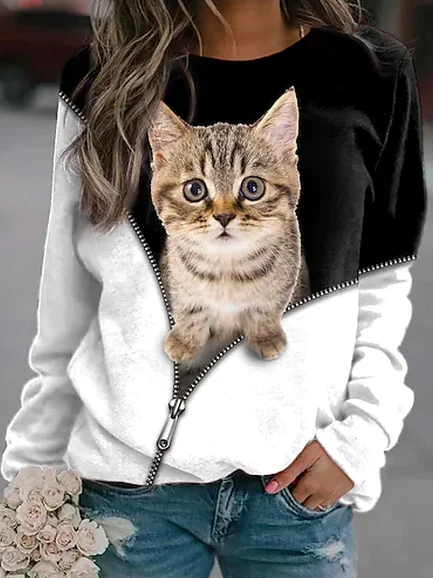 Casual Crew Neck Loose Color Block Top