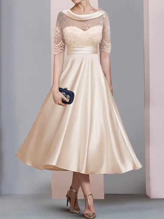 Boat Neck Satin Lace Elegant Dress