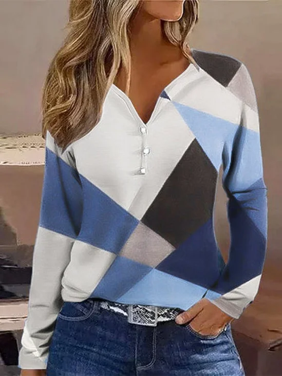 Casual Crew Neck Color Block Loose T-Shirt