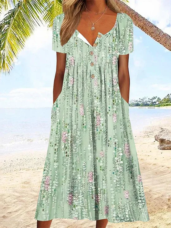 Buttoned Crew Neck Loose Casual Dress