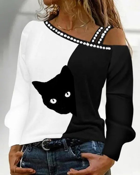 Loose One Shoulder Cat Casual Shirt