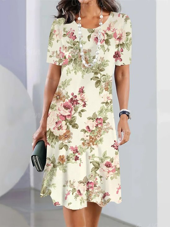Cotton-Blend Elegant Floral Loose Dress