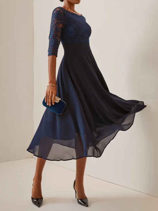 Wedding party Lace Chiffon zip seven Sleeve midi Dress Plus Size