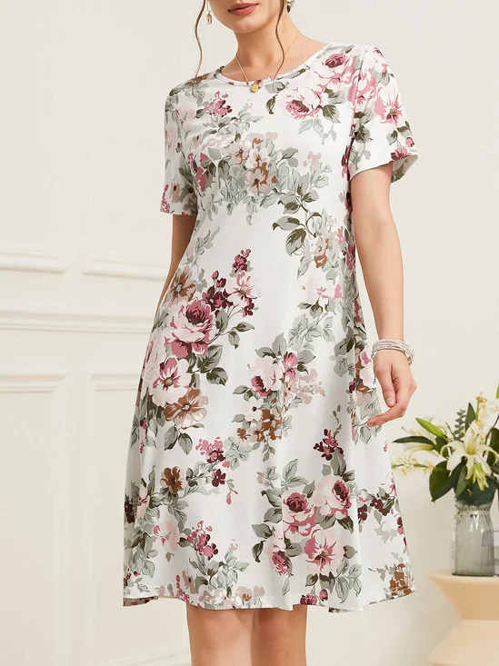 Cotton-Blend Elegant Floral Loose Dress