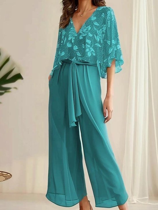 Floral V Neck Simple Chiffon Two-Piece Set