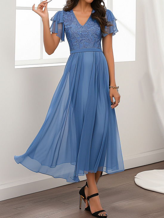 Women's Short Sleeve Summer Blue Plain Split Joint V Neck Party Going Out Elegant Maxi X-Line Formal Dress Dress