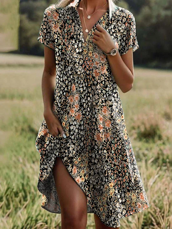 Women's Short Sleeve Summer Brown Floral Shirt Collar Daily Going Out Casual Midi A-Line