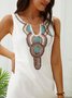 Loosen Vacation Linen Simple  Ethnic V Neck Short sleeve Woven Dress