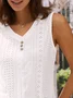 Loose V Neck Casual Buttoned Eyelet Embroidery  Front Tank Top