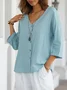 V Neck Cotton-Blend Linen Plain Blouse