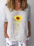 Sunflower Print Casual Linen V Neck Top