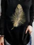 Ladies Long Sleeve Bronzed Feather Print Casual T-shirt