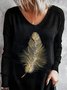 Ladies Long Sleeve Bronzed Feather Print Casual T-shirt