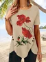 Corn Poppy Crew Neck Casual Buttoned T-Shirt