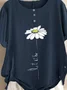 Casual Floral-Print Cotton&Linen Short Sleeve T-shirt