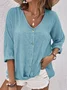 V Neck Cotton-Blend Linen Plain Blouse