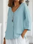 V Neck Cotton-Blend Linen Plain Blouse