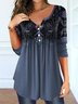 V Neck Gathered Ethnic Buttoned T-Shirt